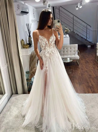 Bohemian Lace A-Line Wedding Dress with Deep V Neck and Tulle Skirt – VW2551-wedding dresses 2025 -Viniodress-Ivory-Custom Size-