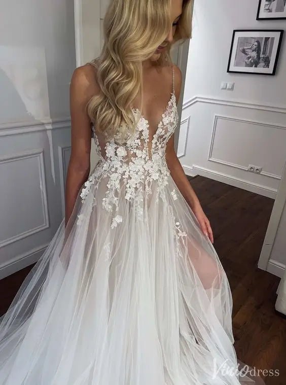 Bohemian Lace A-Line Wedding Dress with Deep V Neck and Tulle Skirt – VW2551-wedding dresses 2025 -Viniodress-Ivory-Custom Size-