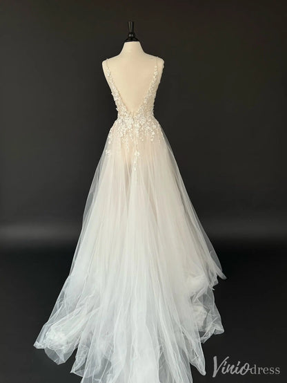 Bohemian Lace A-Line Wedding Dress with Deep V Neck and Tulle Skirt – VW2551-wedding dresses 2025 -Viniodress-Ivory-Custom Size-