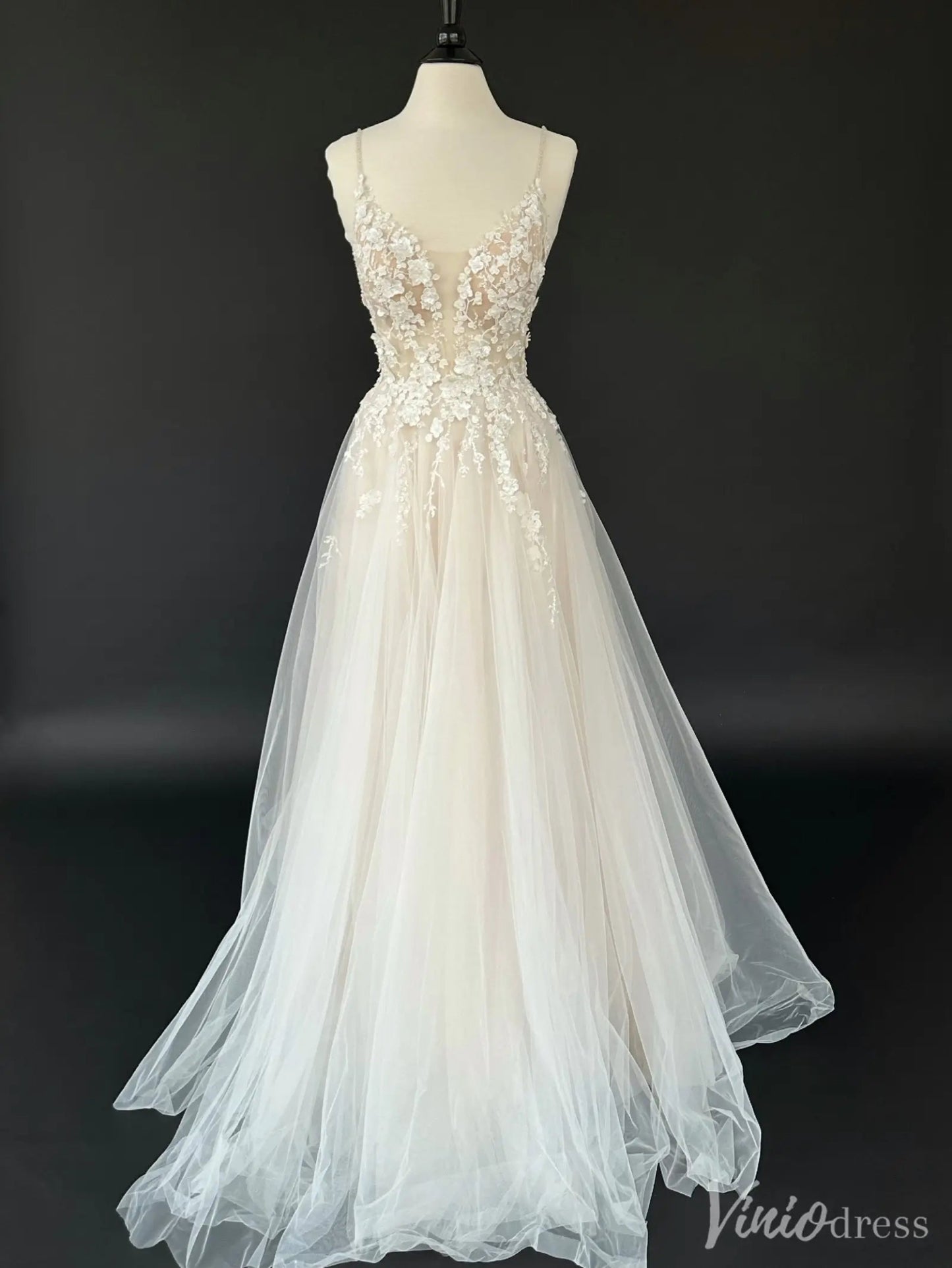 Bohemian Lace A-Line Wedding Dress with Deep V Neck and Tulle Skirt – VW2551-wedding dresses 2025 -Viniodress-Ivory-Custom Size-