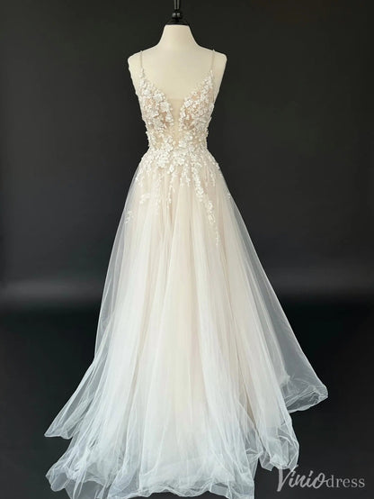 Bohemian Lace A-Line Wedding Dress with Deep V Neck and Tulle Skirt – VW2551-wedding dresses 2025 -Viniodress-Ivory-Custom Size-