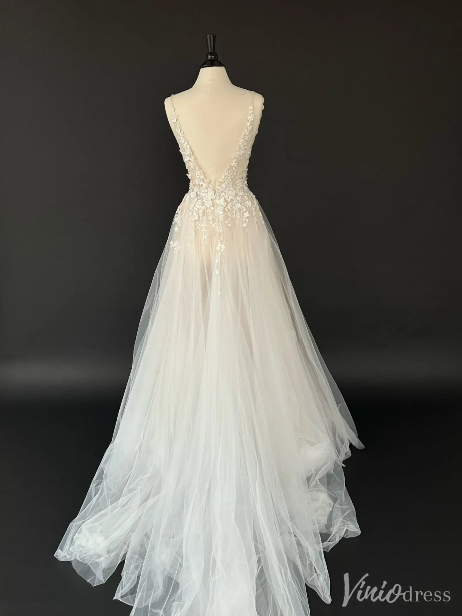 Bohemian Lace A-Line Wedding Dress with Deep V Neck and Tulle Skirt – VW2551-wedding dresses 2025 -Viniodress-Ivory-Custom Size-