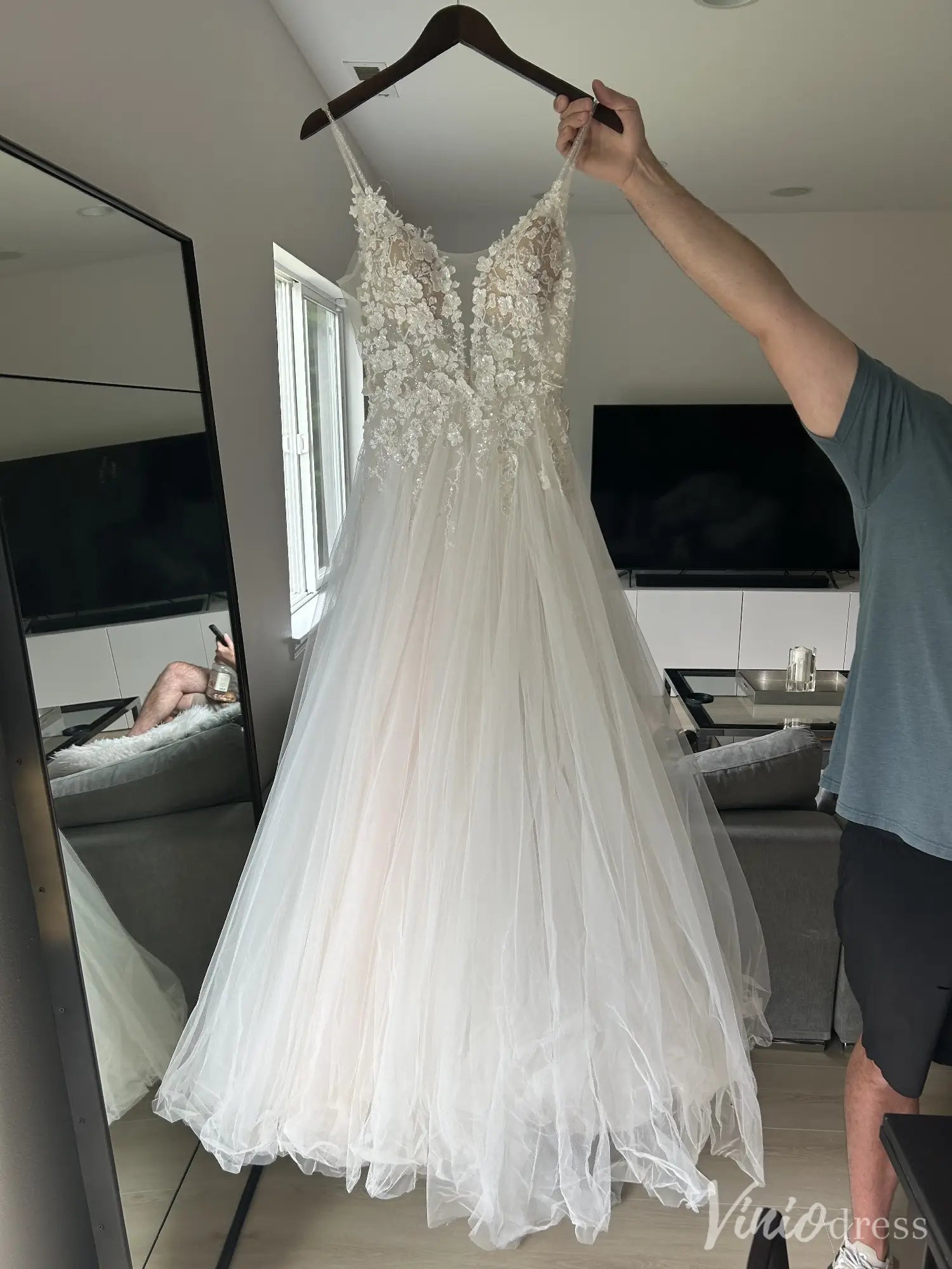 Bohemian Lace A-Line Wedding Dress with Deep V Neck and Tulle Skirt – VW2551-wedding dresses 2025 -Viniodress-Ivory-Custom Size-