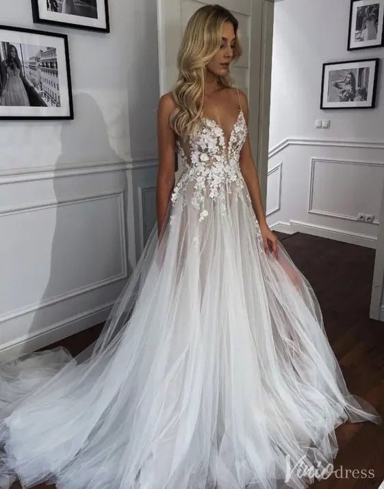 Bohemian Lace A-Line Wedding Dress with Deep V Neck and Tulle Skirt – VW2551-wedding dresses 2025 -Viniodress-Ivory-Custom Size-