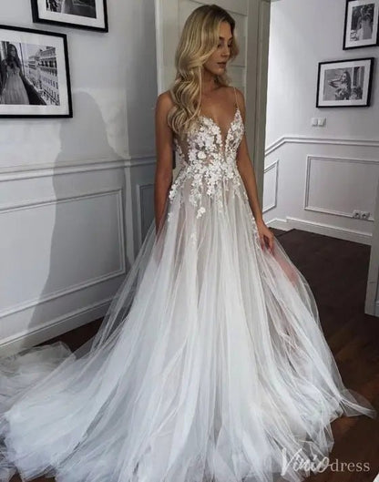 Bohemian Lace A-Line Wedding Dress with Deep V Neck and Tulle Skirt – VW2551-wedding dresses 2025 -Viniodress-Ivory-Custom Size-