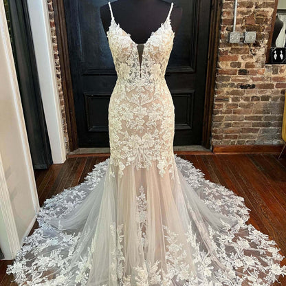Bohemian Lace Applique Mermaid Wedding Dresses Spaghetti Strap Bridal Gown VW2160-wedding dresses 2025 -Viniodress-Ivory-Custom Size-