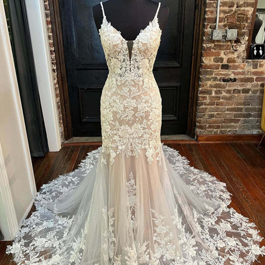 Bohemian Lace Applique Mermaid Wedding Dresses Spaghetti Strap Bridal Gown VW2160-wedding dresses 2025 -Viniodress-Ivory-Custom Size-