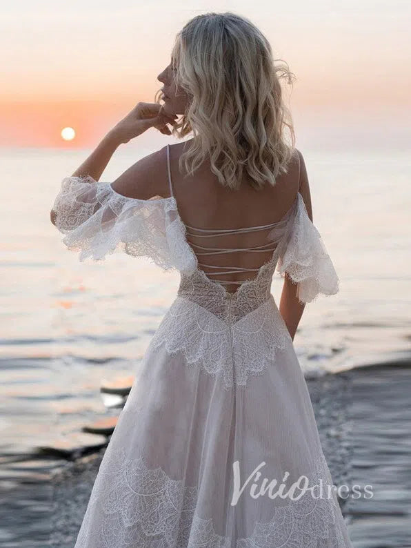 Bohemian Lace Beach Wedding Dress A-Line Boho Bridal Gown with Lace-Up Back VW1070-wedding dresses 2025 -Viniodress-Nude-Custom Size-
