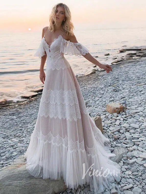 Bohemian Lace Beach Wedding Dress A-Line Boho Bridal Gown with Lace-Up Back VW1070-wedding dresses 2025 -Viniodress-Nude-Custom Size-