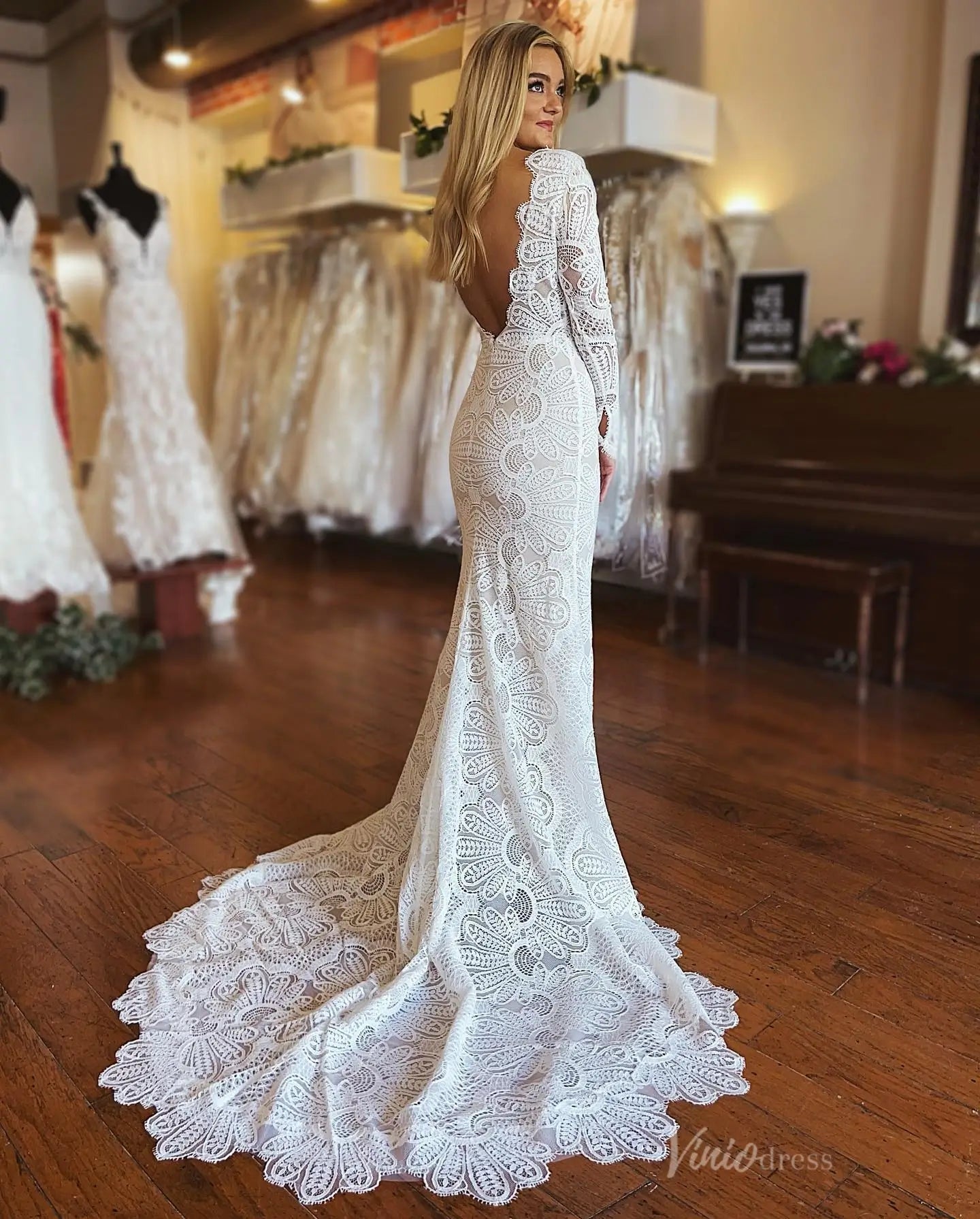 Bohemian Lace Mermaid Wedding Dress with Long Sleeves, Deep V Neckline & Open Back – BH107-wedding dresses 2025 -Viniodress-Ivory-Custom Size-