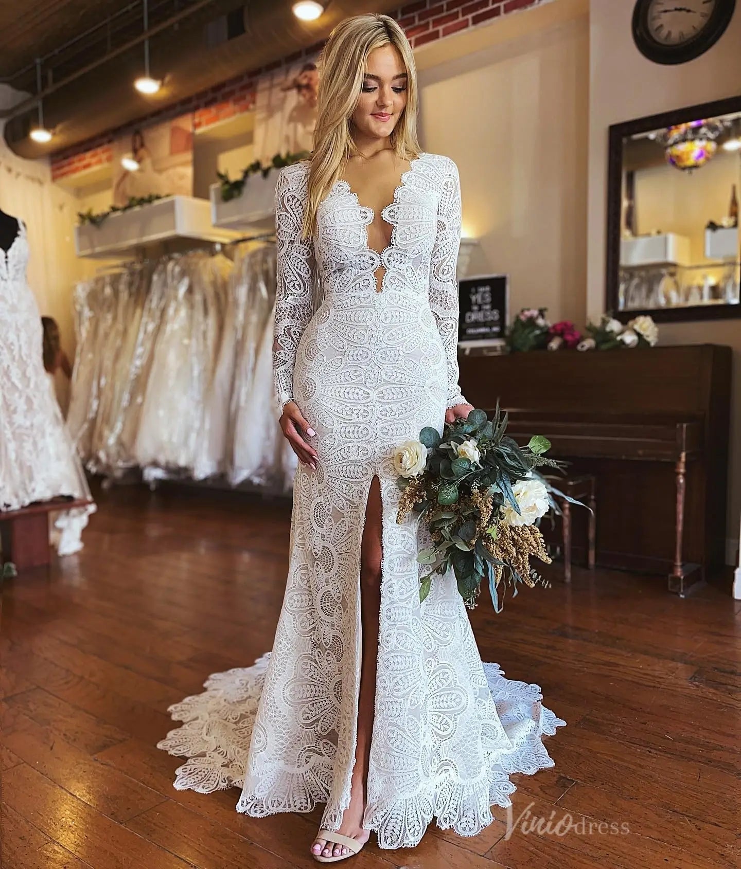 Bohemian Lace Mermaid Wedding Dress with Long Sleeves, Deep V Neckline & Open Back – BH107-wedding dresses 2025 -Viniodress-Ivory-Custom Size-