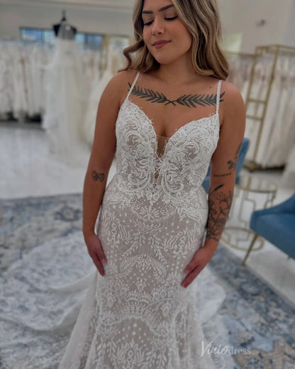 Bohemian Lace Mermaid Wedding Dress with Plunging V Neckline, Spaghetti Straps & Chapel Train – BH109-wedding dresses 2025 -Viniodress-Ivory-Custom Size-