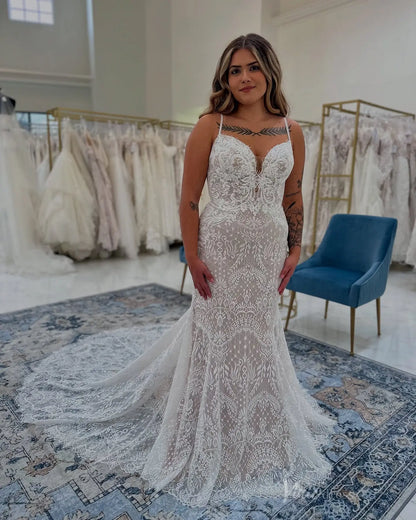 Bohemian Lace Mermaid Wedding Dress with Plunging V Neckline, Spaghetti Straps & Chapel Train – BH109-wedding dresses 2025 -Viniodress-Ivory-Custom Size-