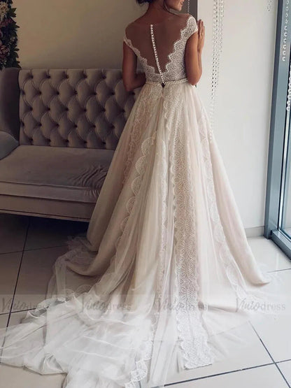 Bohemian Lace & Tulle Wedding Dress | A-Line Beach Gown with Cap Sleeves, Pearl BeltVW1347-wedding dresses 2025 -Viniodress-Beige-Custom Size-