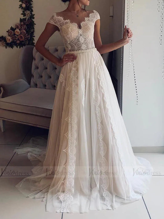Bohemian Lace & Tulle Wedding Dress | A-Line Beach Gown with Cap Sleeves, Pearl BeltVW1347-wedding dresses 2025 -Viniodress-Beige-Custom Size-