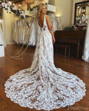 Bohemian Lace V-Neck Wedding Dresses Ivory Chapel Train Boho Bridal Gown VW2163-wedding dresses-Viniodress