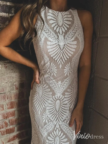 Bohemian Lace Wedding Dress with Open Back, High Neckline, Sheath Silhouette – BH101-wedding dresses 2025 -Viniodress-Ivory-Custom Size-