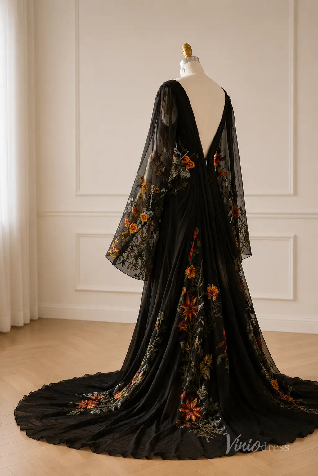 Boho Black Floral Embroidered Wedding Dress with Deep V Neck, Sheer Bell Sleeves & Chapel Train - BK126-wedding dresses 2026-Viniodress-Black-Custom Size – Add Measurements in Cart-