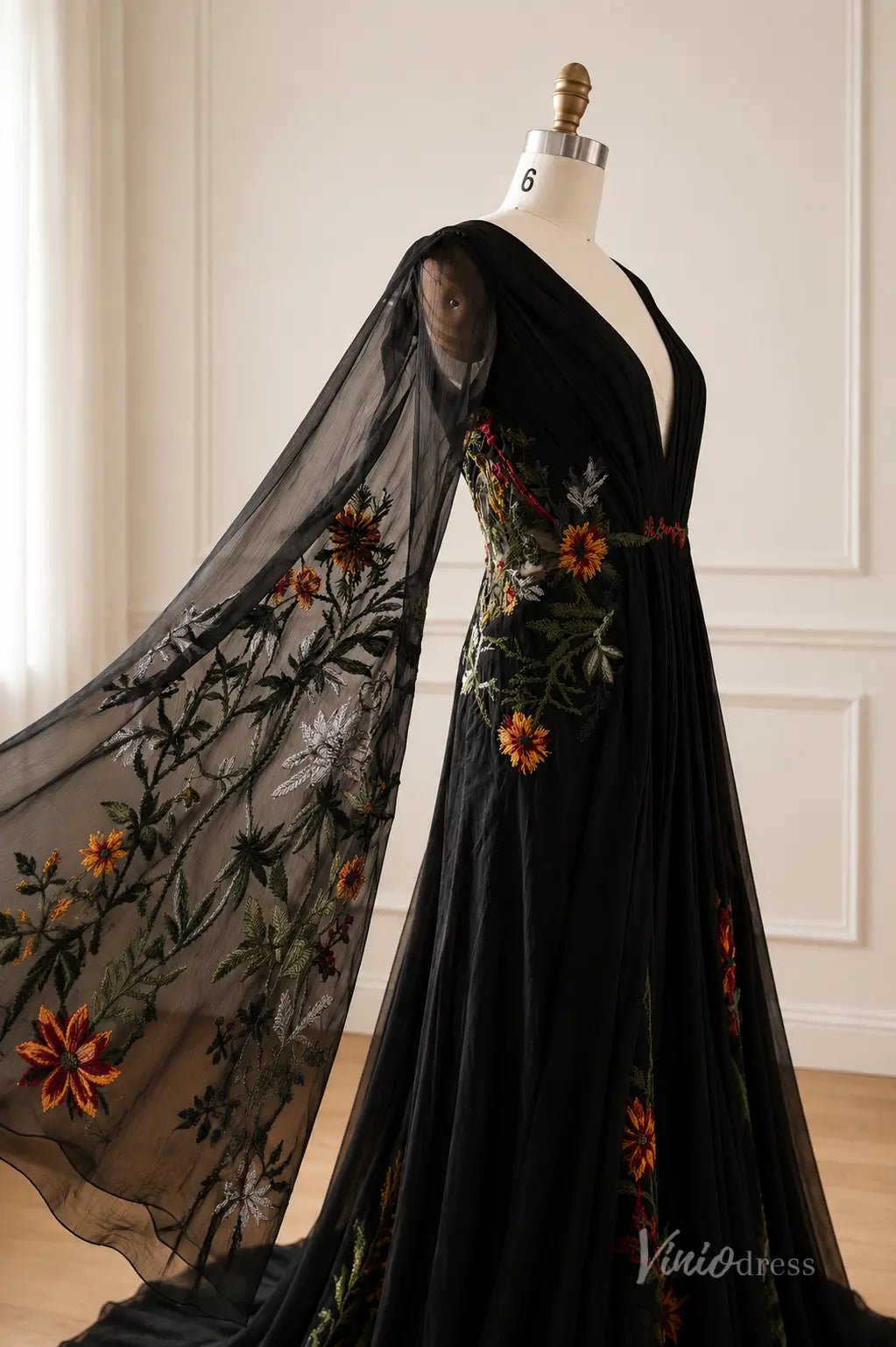 Boho Black Floral Embroidered Wedding Dress with Deep V Neck, Sheer Bell Sleeves & Chapel Train - BK126-wedding dresses 2026-Viniodress-Black-Custom Size – Add Measurements in Cart-