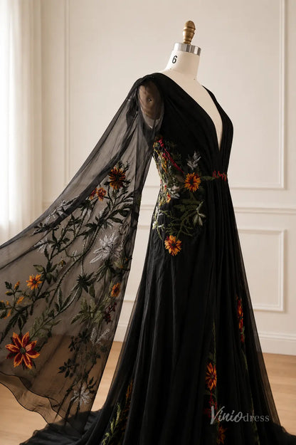 Boho Black Floral Embroidered Wedding Dress with Deep V Neck, Sheer Bell Sleeves & Chapel Train - BK126-wedding dresses 2026-Viniodress-Black-Custom Size – Add Measurements in Cart-