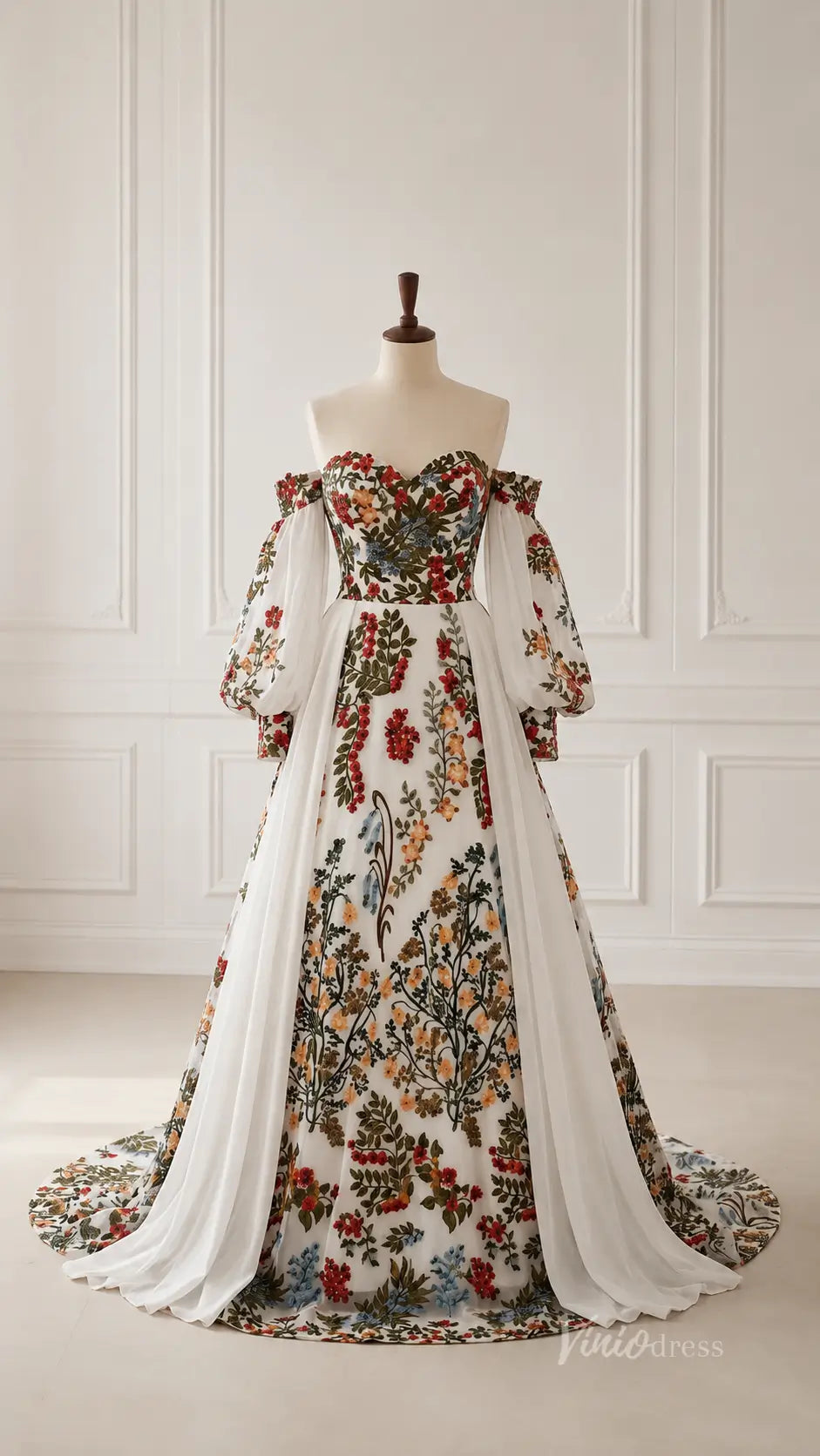 Boho Ivory Floral Embroidered Wedding Dress with Off-Shoulder Bishop Sleeves, Chiffon Overskirt & Chapel Train - FW268-wedding dresses 2026-Viniodress-Ivory-Custom Size – Add Measurements in Cart-