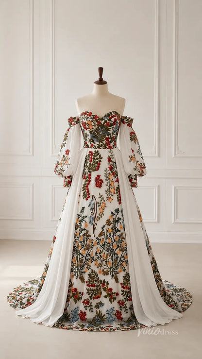 Boho Ivory Floral Embroidered Wedding Dress with Off-Shoulder Bishop Sleeves, Chiffon Overskirt & Chapel Train - FW268-wedding dresses 2026-Viniodress-Ivory-Custom Size – Add Measurements in Cart-