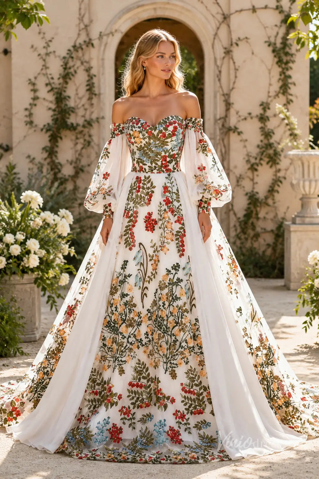 Boho Ivory Floral Embroidered Wedding Dress with Off-Shoulder Bishop Sleeves, Chiffon Overskirt & Chapel Train - FW268-wedding dresses 2026-Viniodress-Ivory-Custom Size – Add Measurements in Cart-