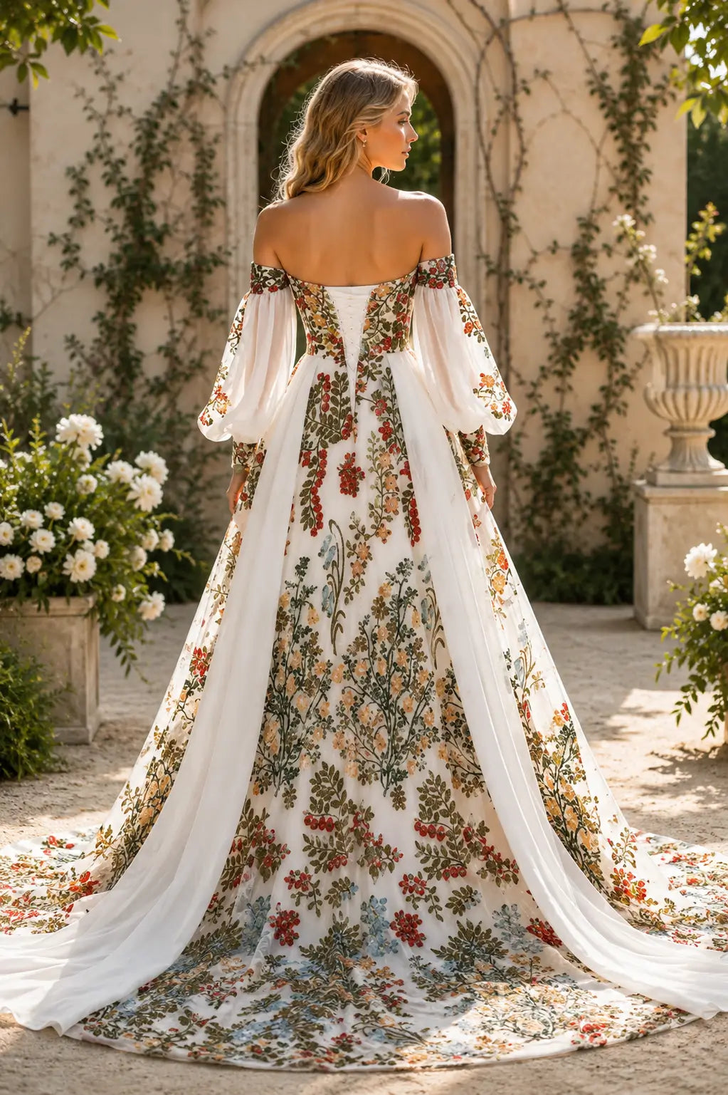 Boho Ivory Floral Embroidered Wedding Dress with Off-Shoulder Bishop Sleeves, Chiffon Overskirt & Chapel Train - FW268-wedding dresses 2026-Viniodress-Ivory-Custom Size – Add Measurements in Cart-
