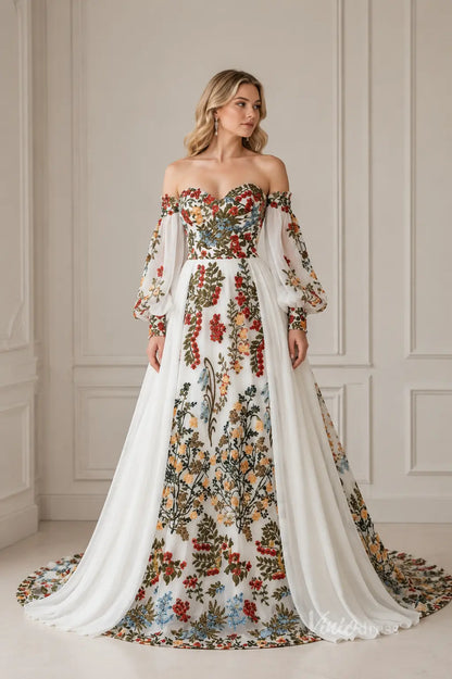 Boho Ivory Floral Embroidered Wedding Dress with Off-Shoulder Bishop Sleeves, Chiffon Overskirt & Chapel Train - FW268-wedding dresses 2026-Viniodress-Ivory-Custom Size – Add Measurements in Cart-