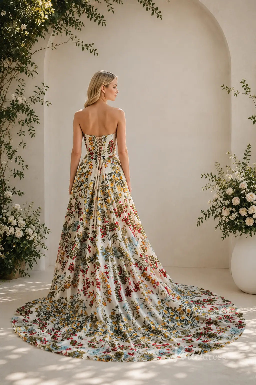 Boho Ivory Floral Embroidered Wedding Dress with Strapless Sweetheart Neckline, Corset Back & Chapel Train - FW269-wedding dresses 2026-Viniodress-Ivory-Dress Only-Custom Size – Add Measurements in Cart