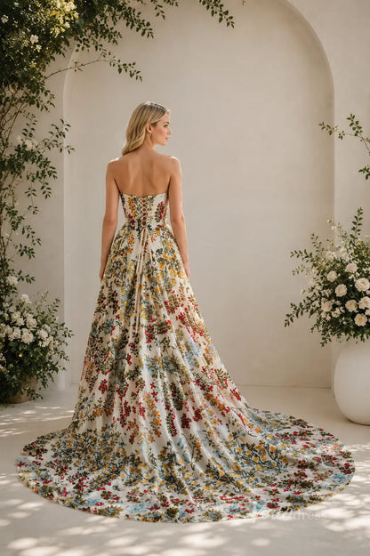 Boho Ivory Floral Embroidered Wedding Dress with Strapless Sweetheart Neckline, Corset Back & Chapel Train - FW269-wedding dresses 2026-Viniodress-Ivory-Dress Only-Custom Size – Add Measurements in Cart