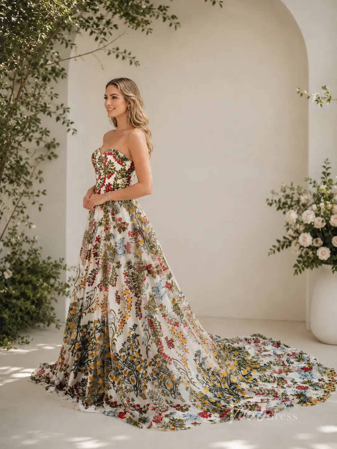 Boho Ivory Floral Embroidered Wedding Dress with Strapless Sweetheart Neckline, Corset Back & Chapel Train - FW269-wedding dresses 2026-Viniodress-Ivory-Dress Only-Custom Size – Add Measurements in Cart