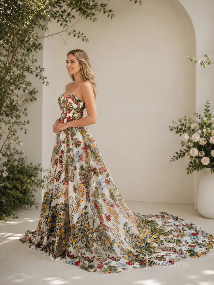 Boho Ivory Floral Embroidered Wedding Dress with Strapless Sweetheart Neckline, Corset Back & Chapel Train - FW269-wedding dresses 2026-Viniodress-Ivory-Dress Only-Custom Size – Add Measurements in Cart