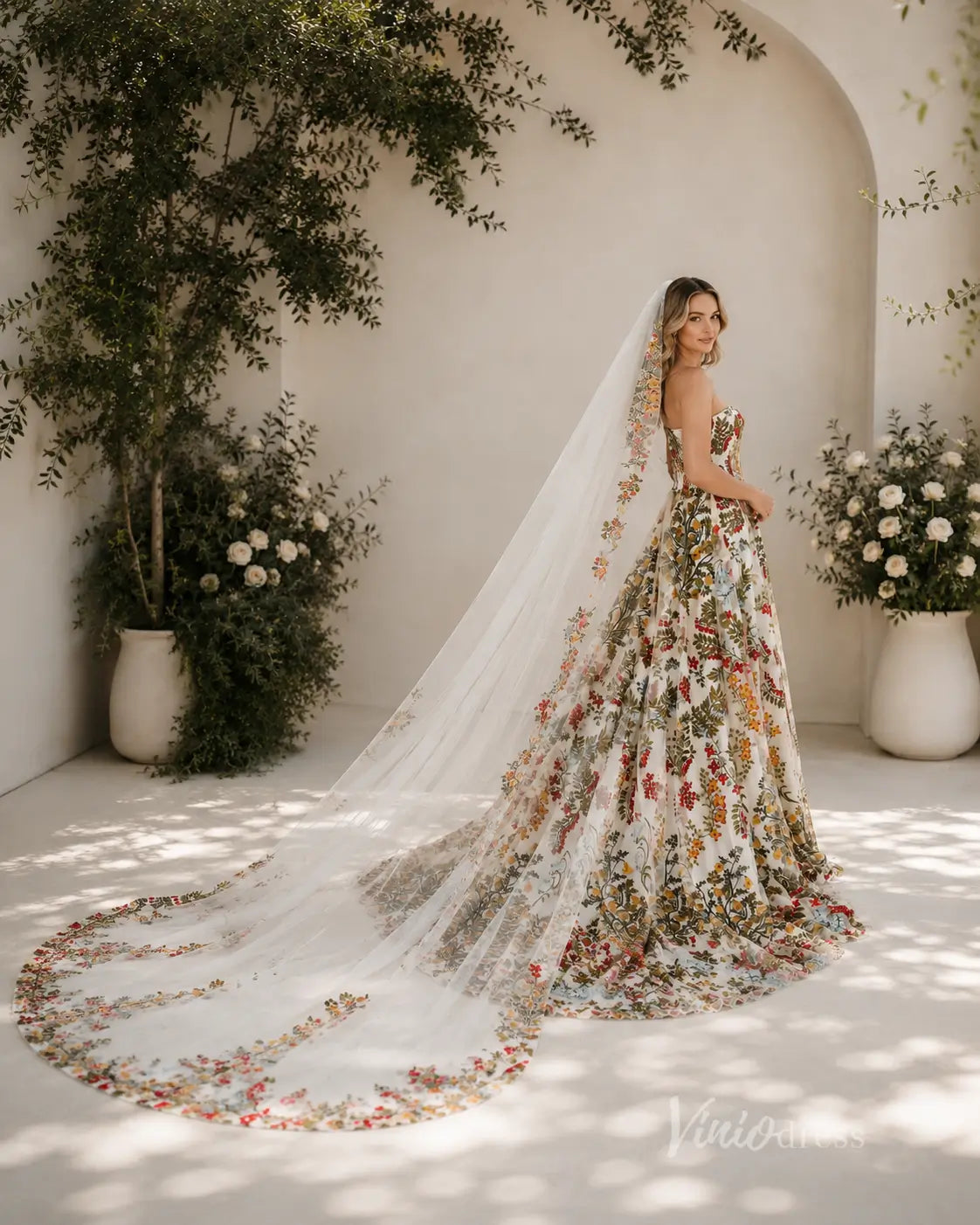 Boho Ivory Floral Embroidered Wedding Dress with Strapless Sweetheart Neckline, Corset Back & Chapel Train - FW269-wedding dresses 2026-Viniodress-Ivory-Dress Only-Custom Size – Add Measurements in Cart