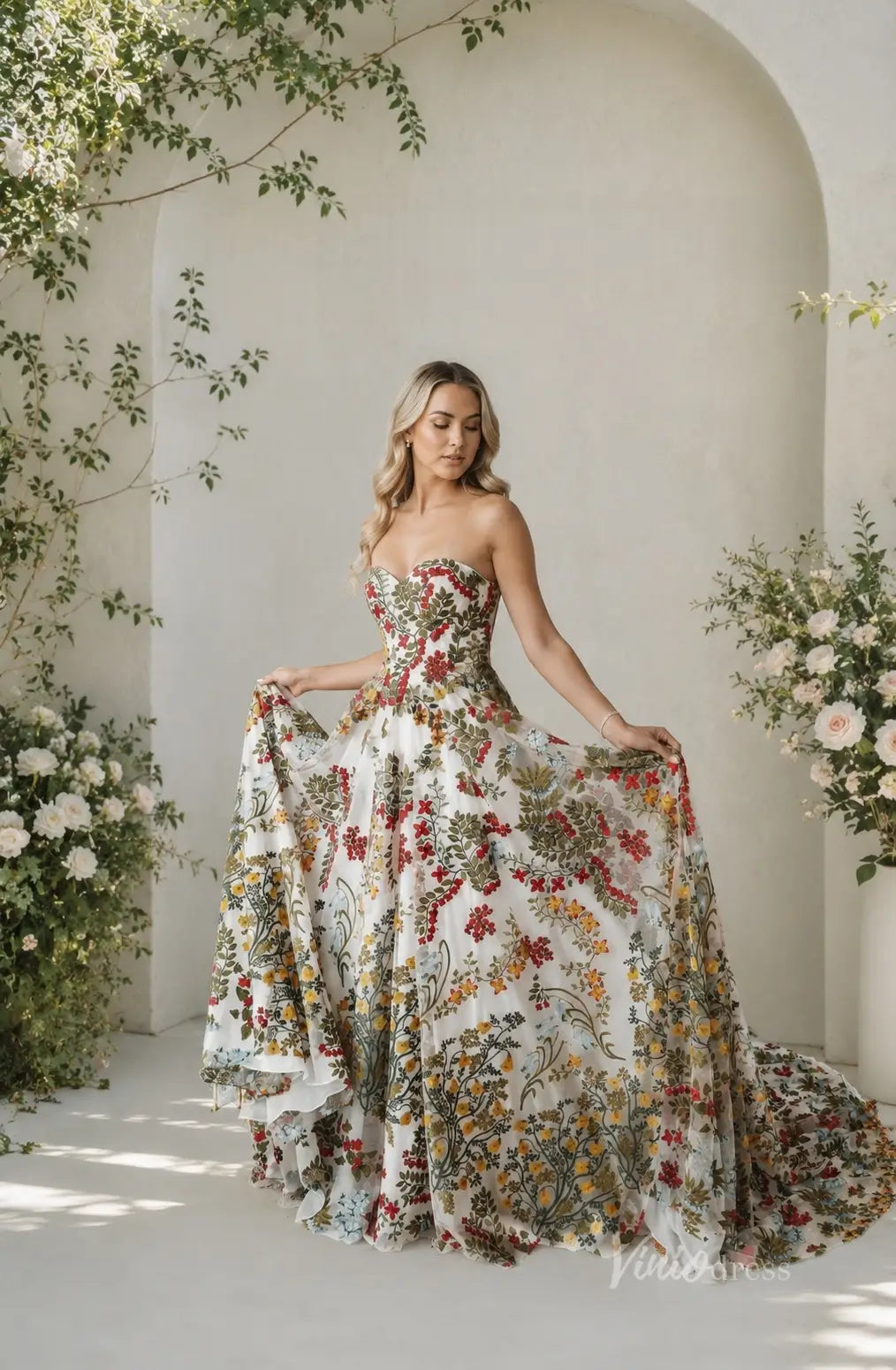 Boho Ivory Floral Embroidered Wedding Dress with Strapless Sweetheart Neckline, Corset Back & Chapel Train - FW269-wedding dresses 2026-Viniodress-Ivory-Dress Only-Custom Size – Add Measurements in Cart