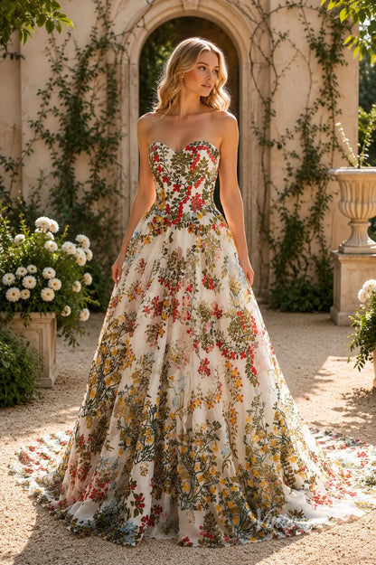 Boho Ivory Floral Embroidered Wedding Dress with Strapless Sweetheart Neckline, Corset Back & Chapel Train - FW269-wedding dresses 2026-Viniodress-Ivory-Dress Only-Custom Size – Add Measurements in Cart