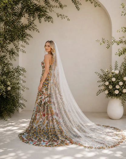 Boho Ivory Floral Embroidered Wedding Dress with Strapless Sweetheart Neckline, Corset Back & Chapel Train - FW269-wedding dresses 2026-Viniodress-Ivory-Dress Only-Custom Size – Add Measurements in Cart