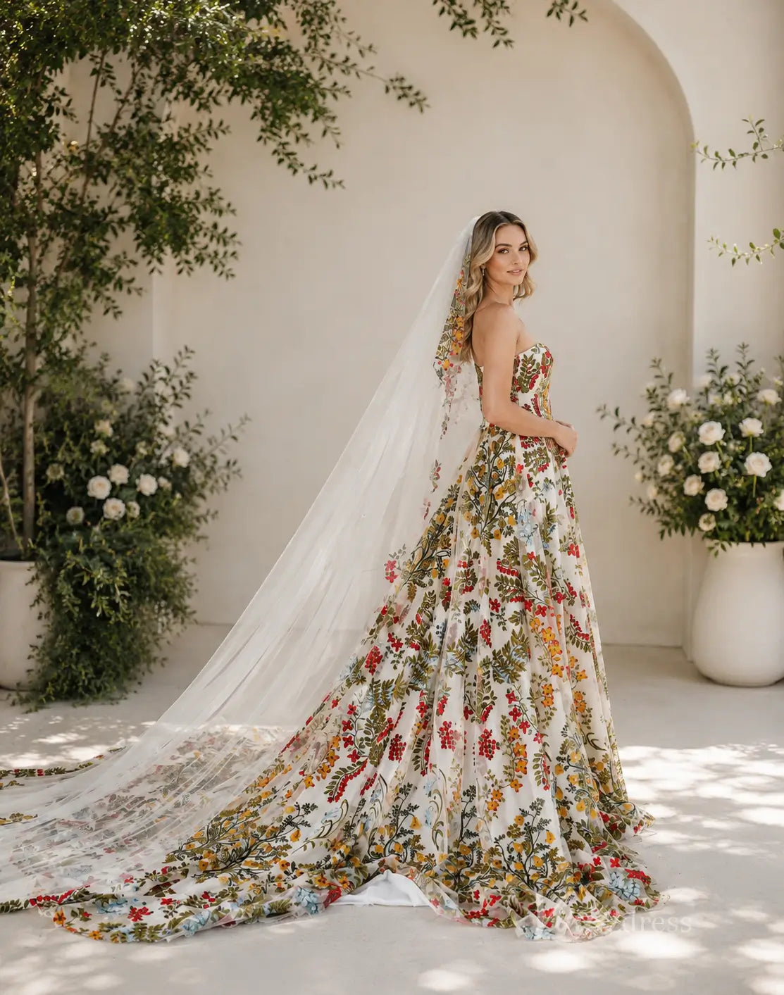 Boho Ivory Floral Embroidered Wedding Dress with Strapless Sweetheart Neckline, Corset Back & Chapel Train - FW269-wedding dresses 2026-Viniodress-Ivory-Dress Only-Custom Size – Add Measurements in Cart