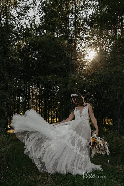 Boho Ivory Lace A-Line Wedding Dress with Deep V-Neck, Open Back & Soft Tulle Skirt – BH114-wedding dresses 2025 -Viniodress-Ivory-Custom Size-