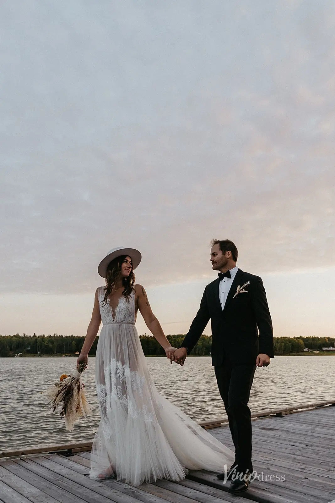 Boho Ivory Lace A-Line Wedding Dress with Deep V-Neck, Open Back & Sof Viniodress Boho Ivory Lace A-Line Wedding Dress with Deep V-Neck, Open Back & Sof Viniodress
