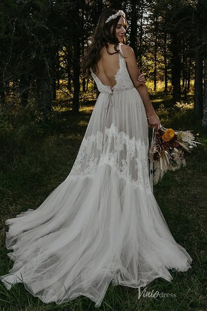 Boho Ivory Lace A-Line Wedding Dress with Deep V-Neck, Open Back & Soft Tulle Skirt – BH114-wedding dresses 2025 -Viniodress-Ivory-Custom Size-
