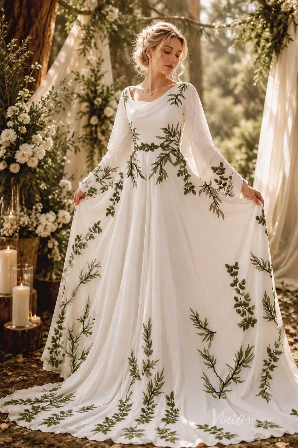 Boho Ivory Leaf Embroidered Wedding Dress with Cowl Neck, Cape Sleeves & Chapel Train - FW291-wedding dresses 2026-Viniodress-Ivory-Custom Size – Add Measurements in Cart-