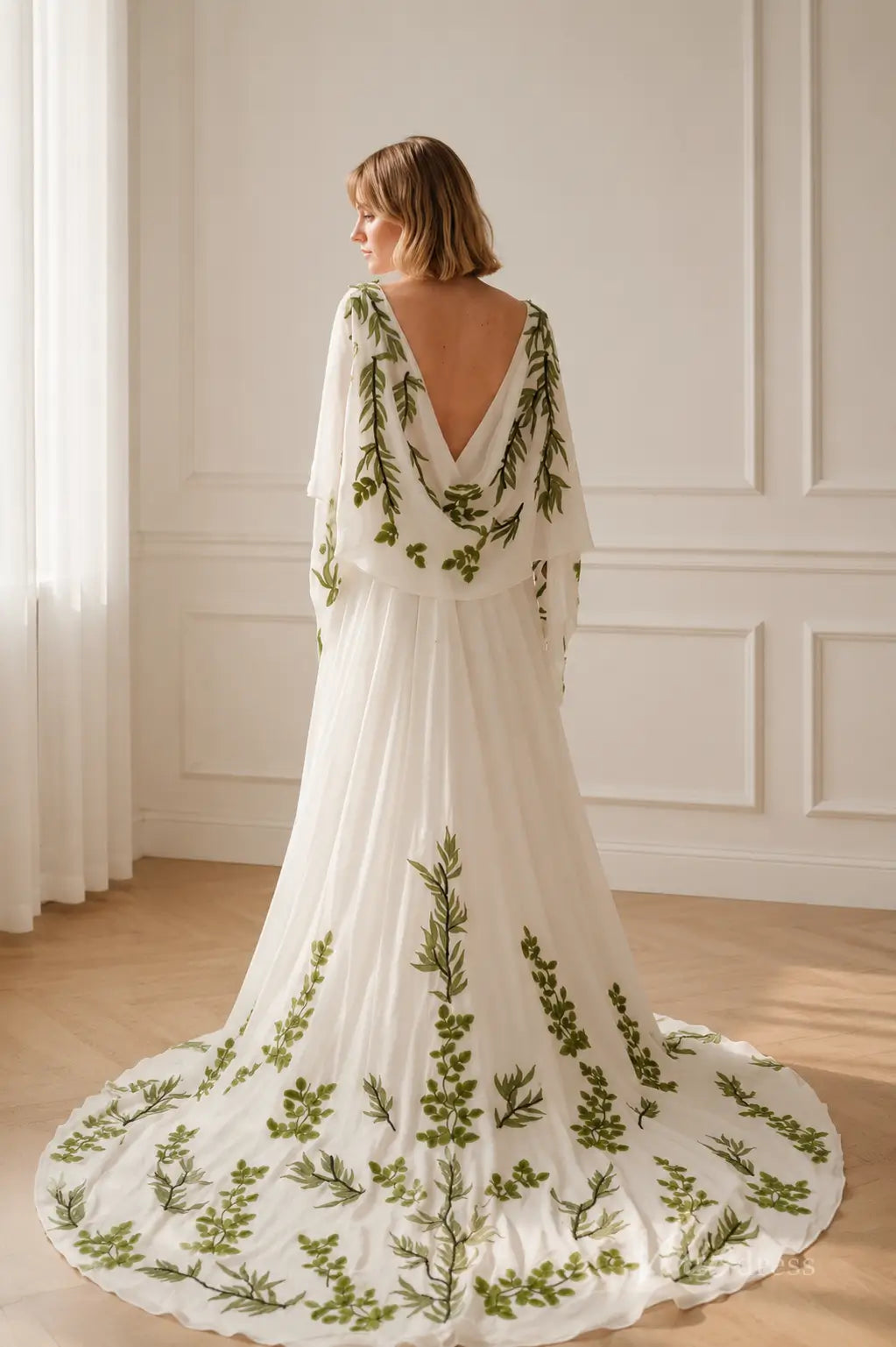 Boho Ivory Leaf Embroidered Wedding Dress with Cowl Neck, Cape Sleeves & Chapel Train - FW291-wedding dresses 2026-Viniodress-Ivory-Custom Size – Add Measurements in Cart-