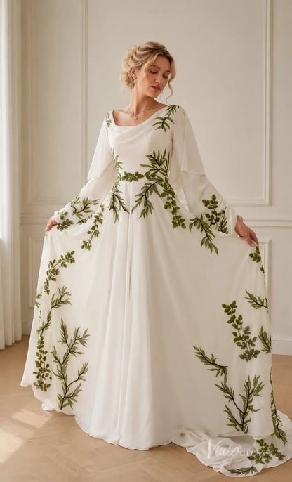 Boho Ivory Leaf Embroidered Wedding Dress with Cowl Neck, Cape Sleeves & Chapel Train - FW291-wedding dresses 2026-Viniodress-Ivory-Custom Size – Add Measurements in Cart-