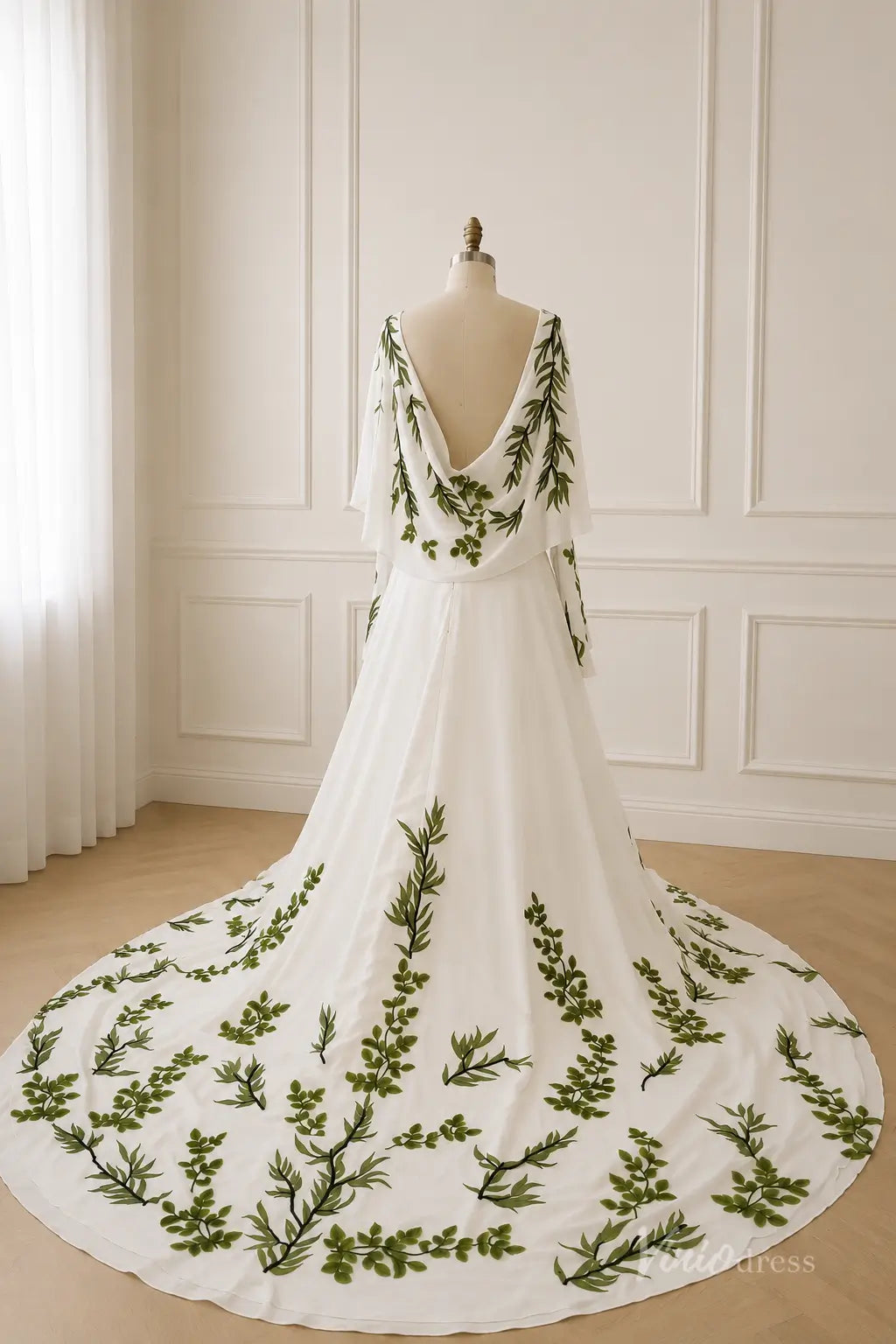 Boho Ivory Leaf Embroidered Wedding Dress with Cowl Neck, Cape Sleeves & Chapel Train - FW291-wedding dresses 2026-Viniodress-Ivory-Custom Size – Add Measurements in Cart-