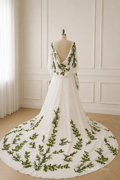 Boho Ivory Leaf Embroidered Wedding Dress with Cowl Neck, Cape Sleeves & Chapel Train - FW291-wedding dresses 2026-Viniodress-Ivory-Custom Size – Add Measurements in Cart-