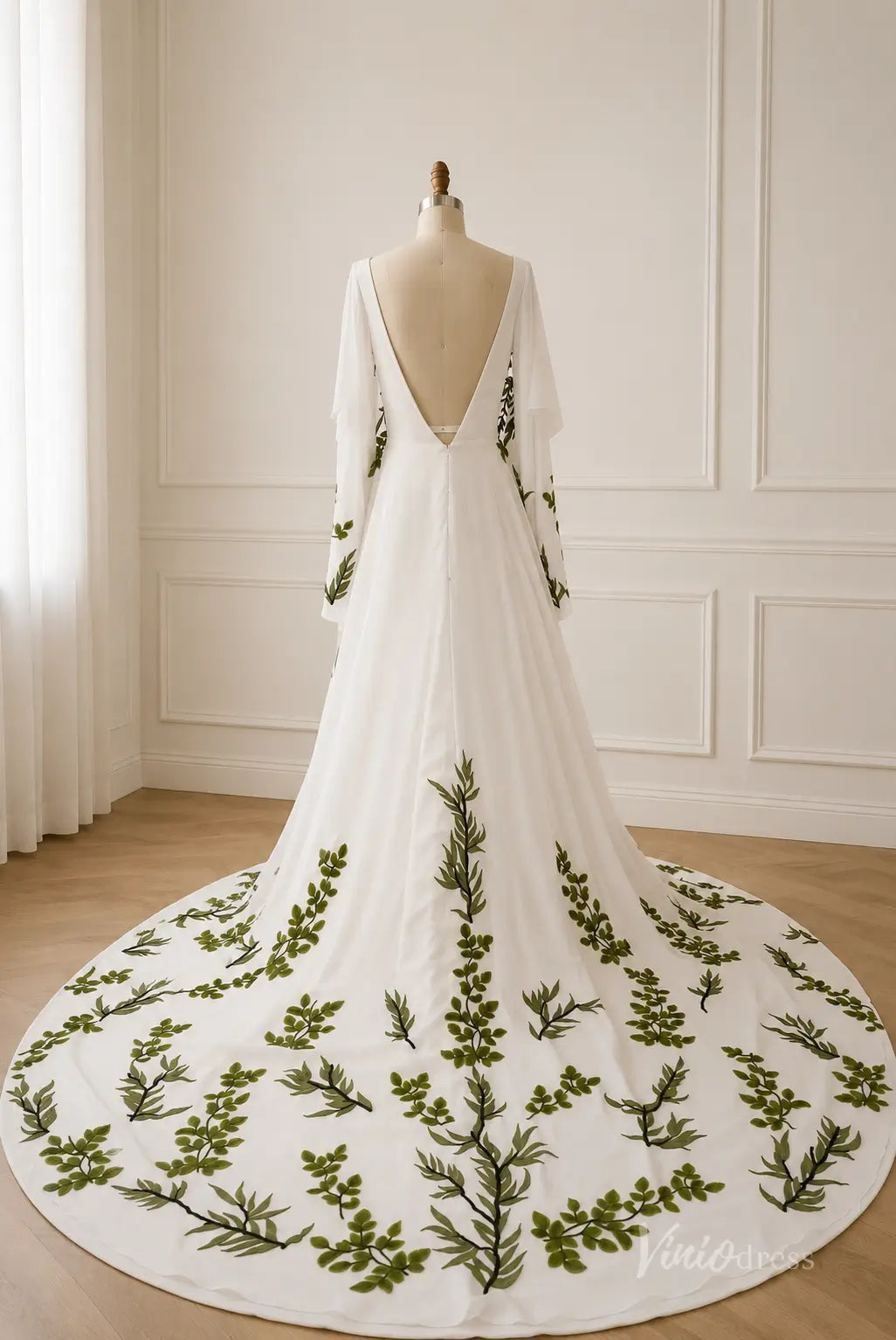 Boho Ivory Leaf Embroidered Wedding Dress with Cowl Neck, Cape Sleeves & Chapel Train - FW291-wedding dresses 2026-Viniodress-Ivory-Custom Size – Add Measurements in Cart-