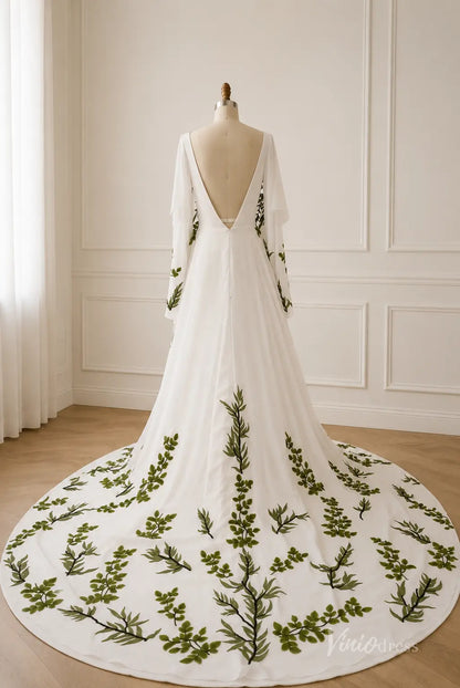 Boho Ivory Leaf Embroidered Wedding Dress with Cowl Neck, Cape Sleeves & Chapel Train - FW291-wedding dresses 2026-Viniodress-Ivory-Custom Size – Add Measurements in Cart-