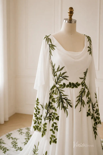 Boho Ivory Leaf Embroidered Wedding Dress with Cowl Neck, Cape Sleeves & Chapel Train - FW291-wedding dresses 2026-Viniodress-Ivory-Custom Size – Add Measurements in Cart-