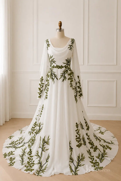 Boho Ivory Leaf Embroidered Wedding Dress with Cowl Neck, Cape Sleeves & Chapel Train - FW291-wedding dresses 2026-Viniodress-Ivory-Custom Size – Add Measurements in Cart-